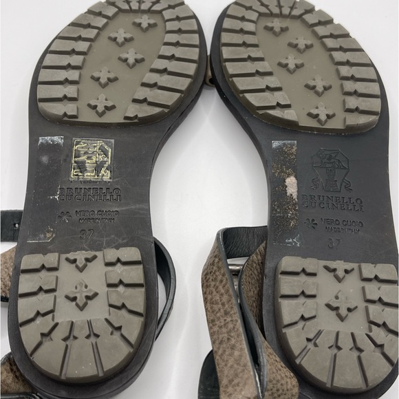 Brunello Cucinelli | Grey & Cream Leather Monili T-Strap Sandals |  EU 37 - Picture 6 of 16